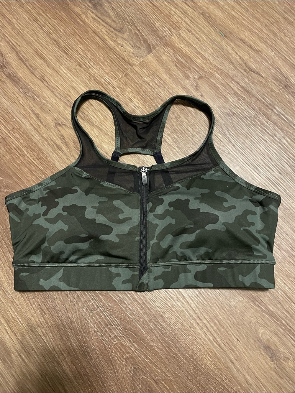 Handful Front-Zip Camo Sports Bra in Olive Green